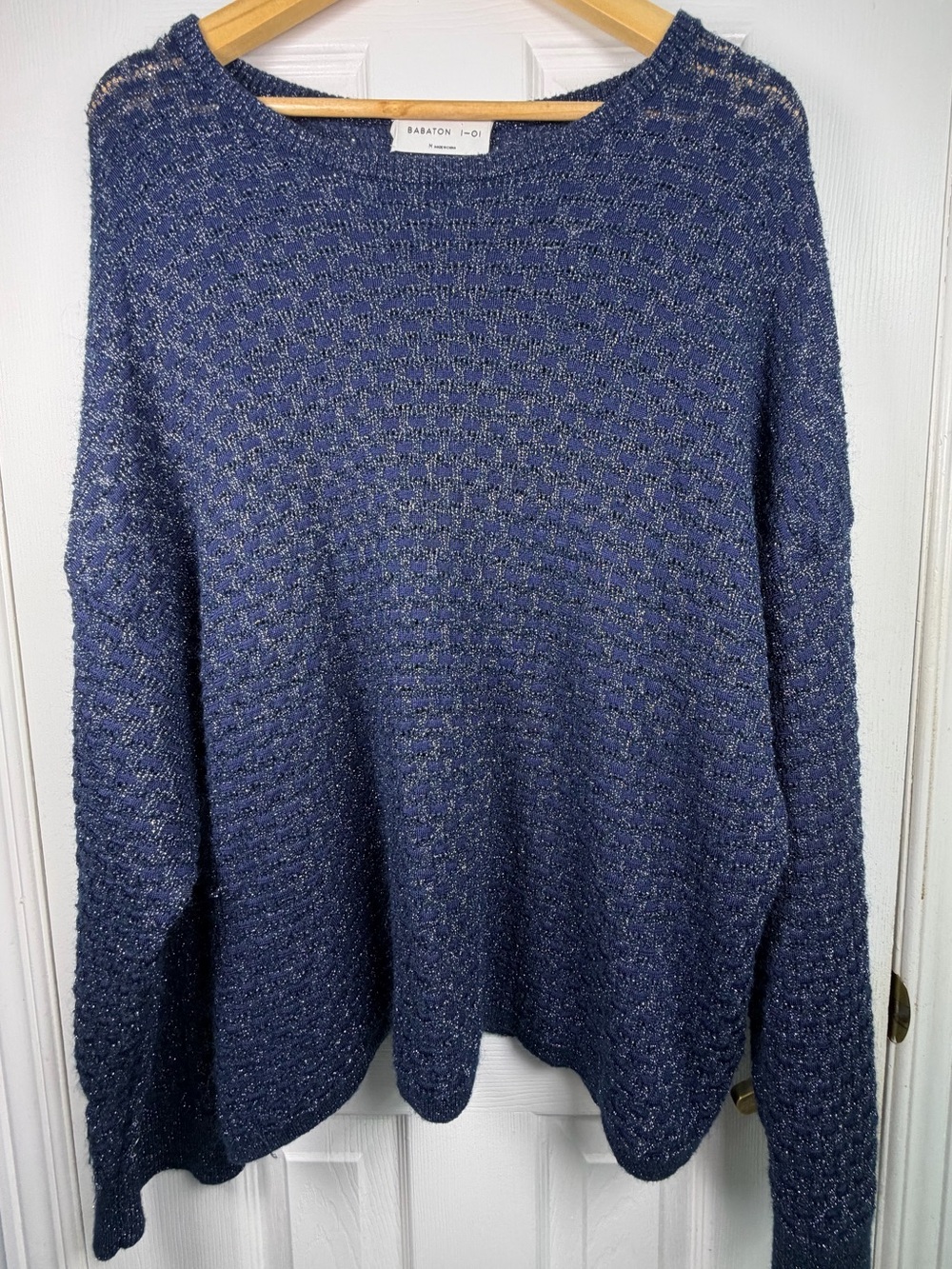 Babaton 1-01 Pullover Sweater Navy Silver Metallic Women's M Stretch Mohair Wool